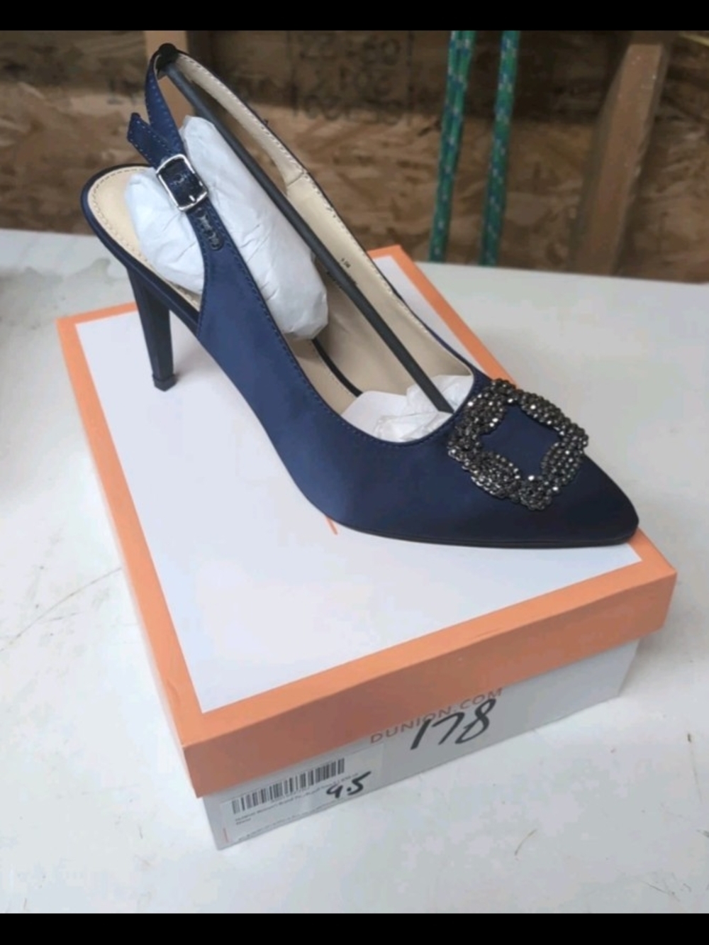 Navy Embellished Slingback Pointed-Toe Heel